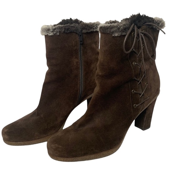 Stuart Weitzman Brown Suede Faux Fur Trim Lace Up Zip Up Ankle Boots - Picture 2 of 16